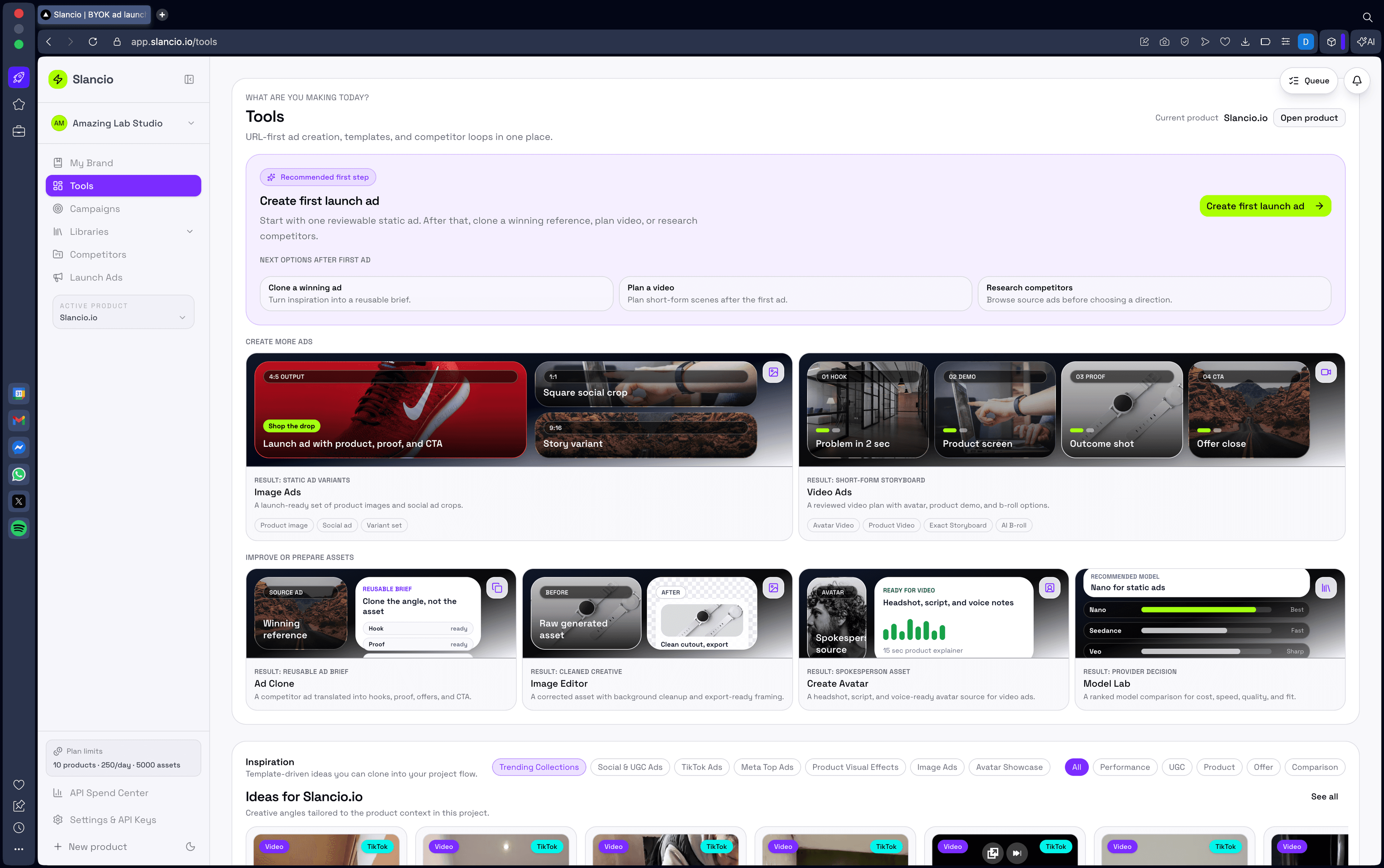 Slancio app tools workspace in light mode
